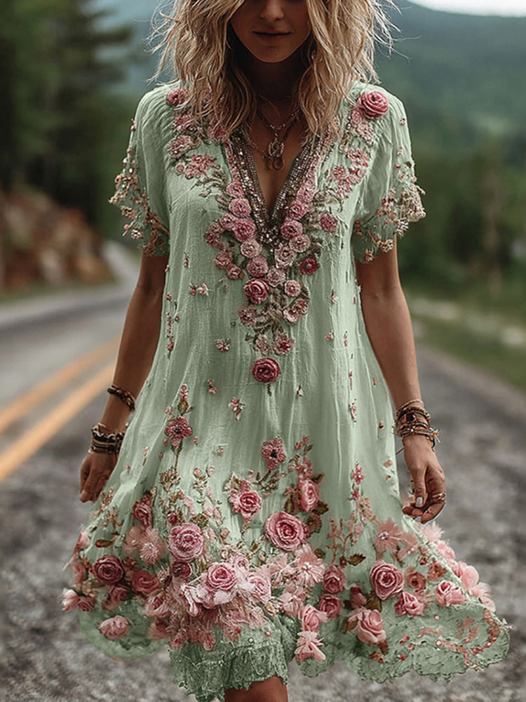 Vintage Floral Embroidery Short-Sleeved Dress