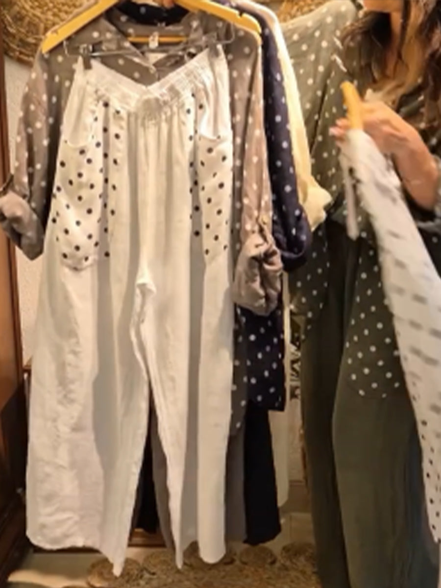 Casual Polka Dot Linen and Cotton Shirt and Trousers Two-Piece Set