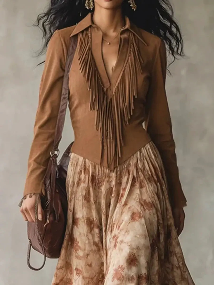 Floral Fringe Art Casual Long-Sleeve Maxi Dress