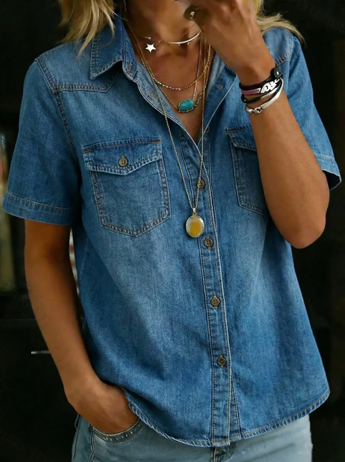 Fashion Denim Short-Sleeve Collared Button Up Jean Shirt Tops