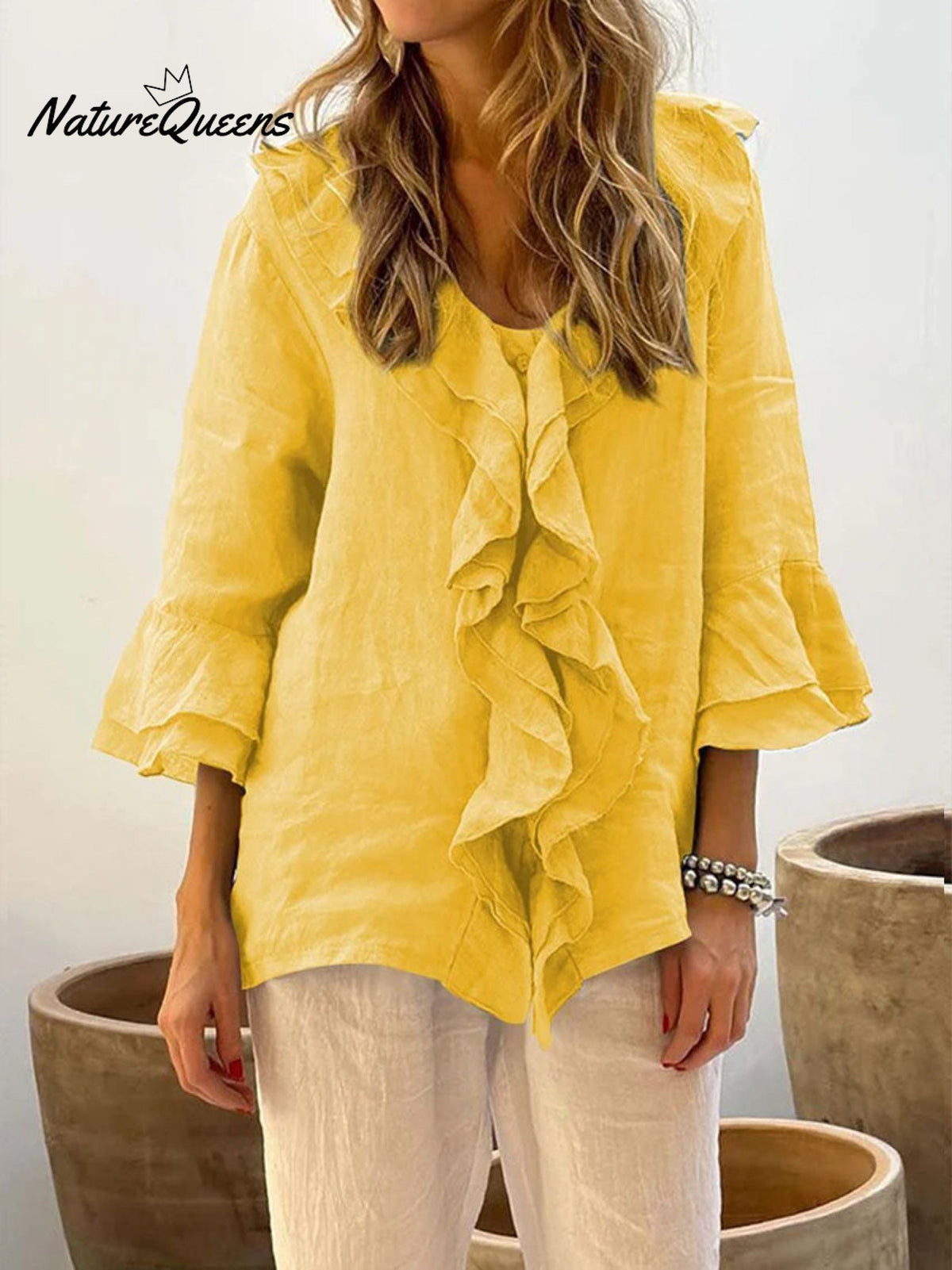 Ruffles Casual Cotton and Linen 3/4 Sleeves Shirt