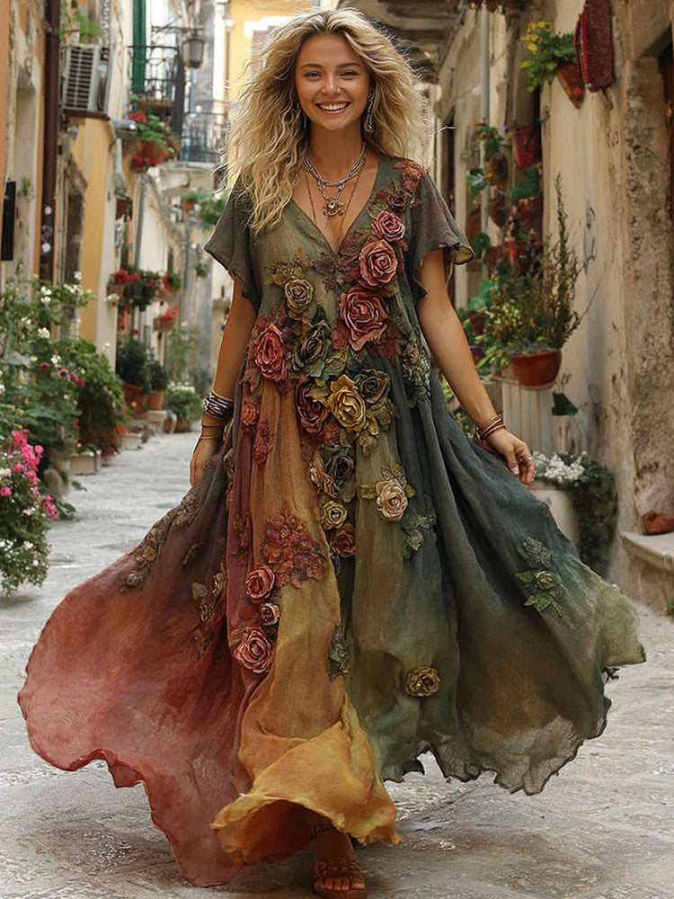 The Sunset Collection Vintage Rose and Floral Gradient Art Linen V-Neck Maxi Dress