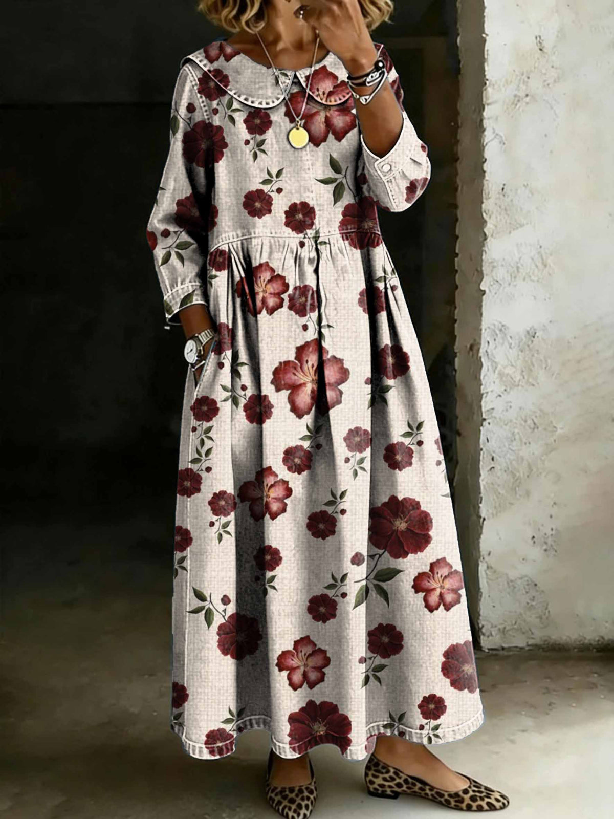 Vintage Red Floral Art Print Lapel Collar Pleated Long-Sleeve Casual Loose Denim Dress