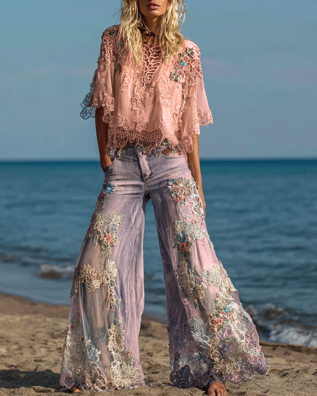 Summer Vacation Floral Embroidered Lace Pants and Top Two-Piece Set Ae54