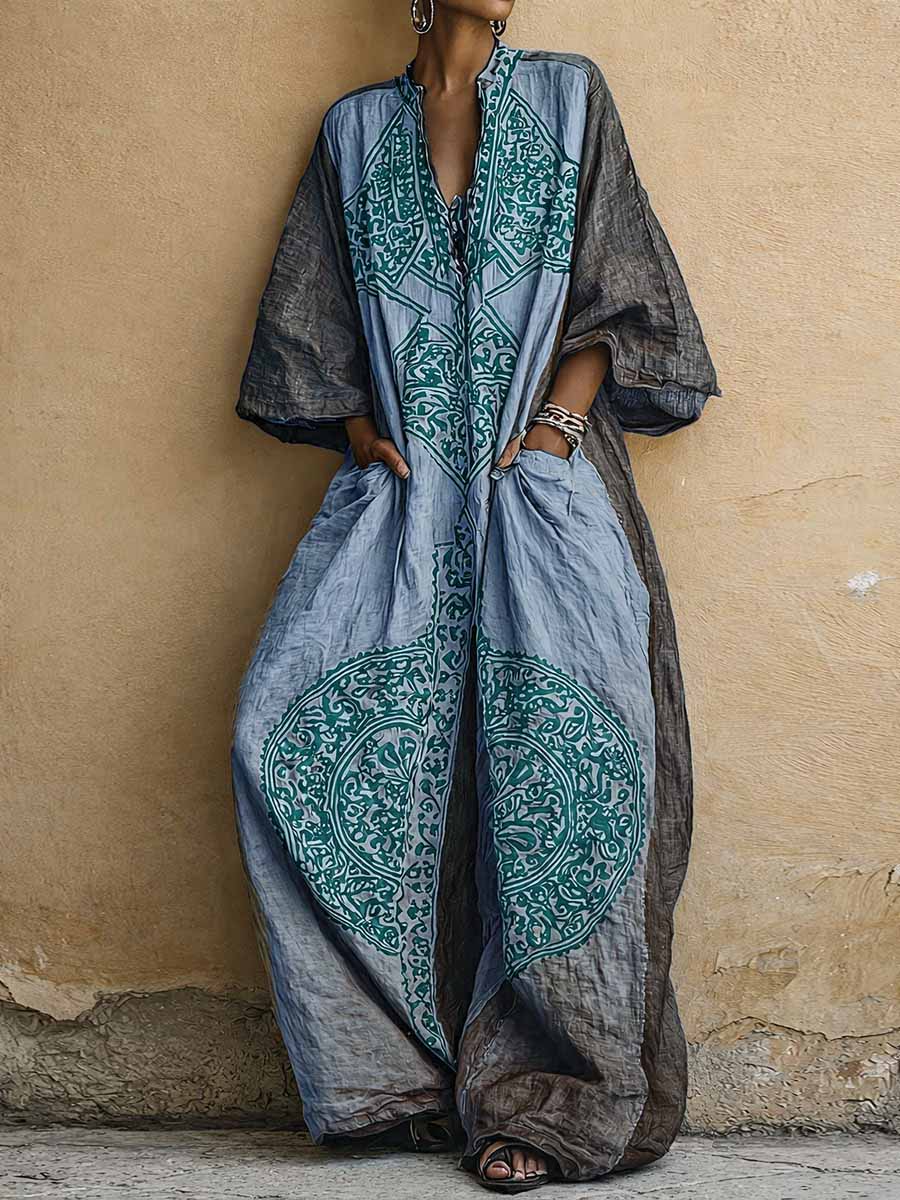 Vintage Print V-Neck 3/4-Sleeve Cotton-Linen Jumpsuit