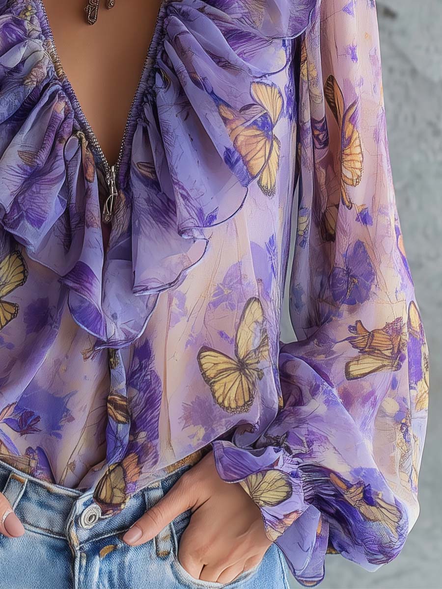 Purple Butterfly Print Sheer Ruffle Blouse with Plunge Neck