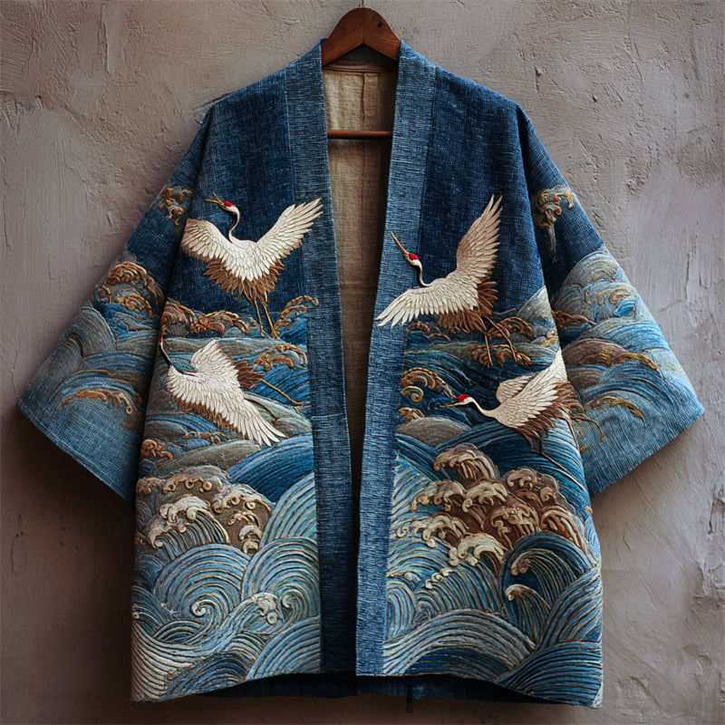 Japanese Cranes and Sea Waves Embroidered Linen Kimono Cardigan