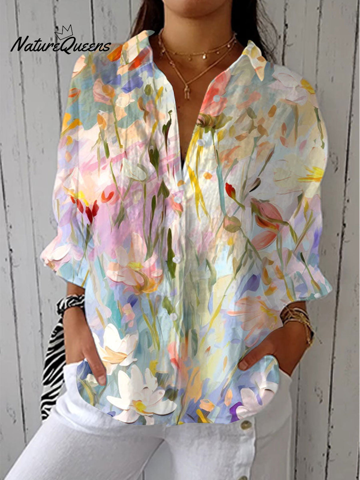 Pastoral Flower Art Print Casual Linen V-Neck Shirt