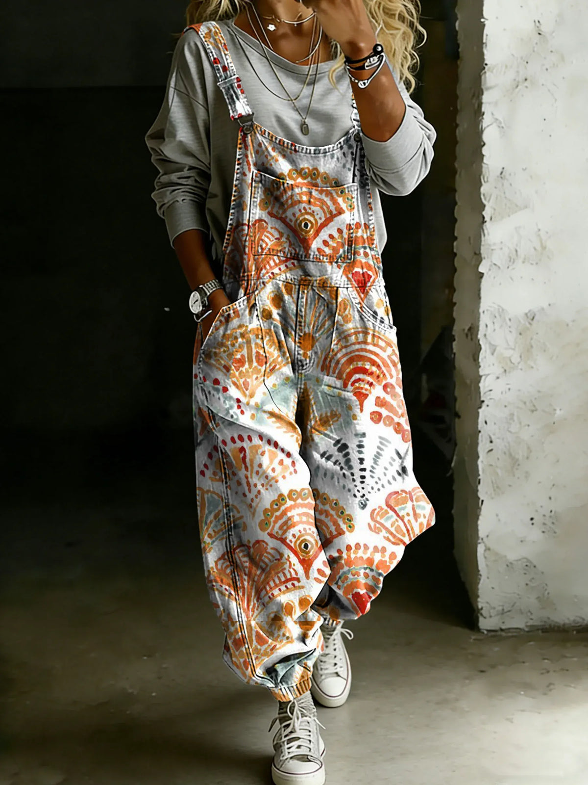 Vintage Ethnic Totem Art Print Casual One Piece Denim Jumpsuit