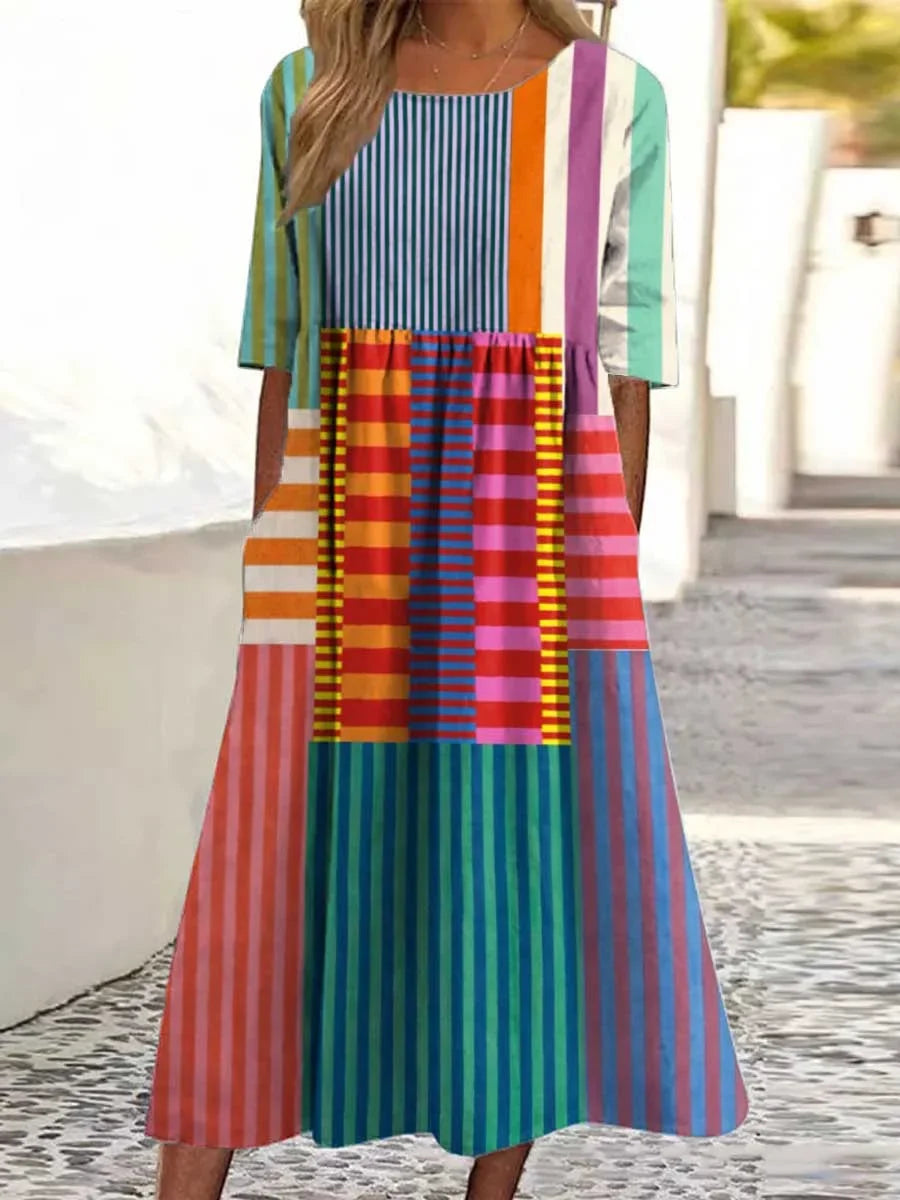 Vintage Geometric Pattern Art Print Cotton Dress