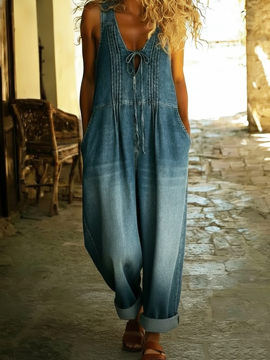Casual Pleated Drawstring Loose Denim Jumpsuit