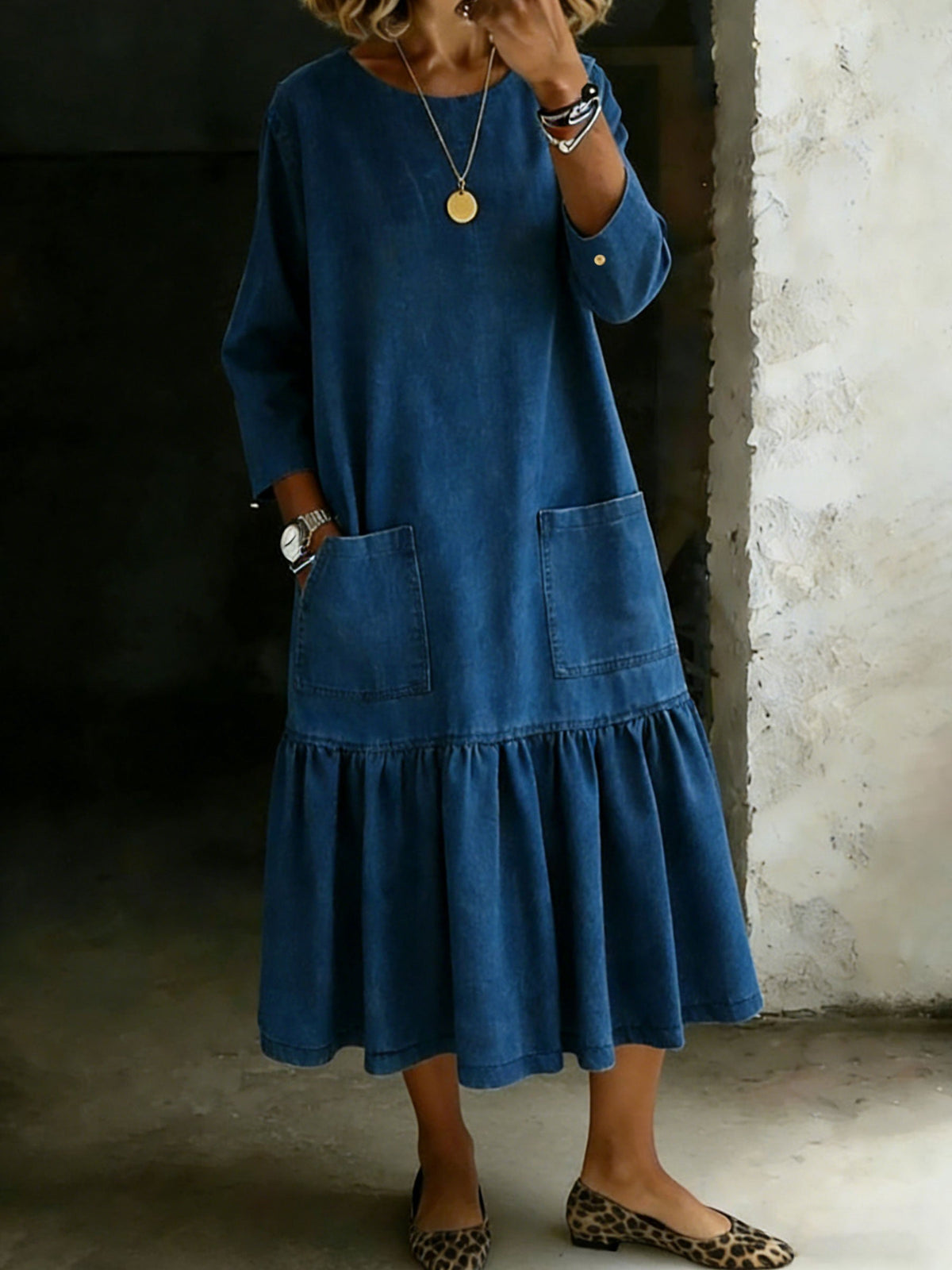 Vintage Crew Neck Long-Sleeved Casual Loose Denim Dress