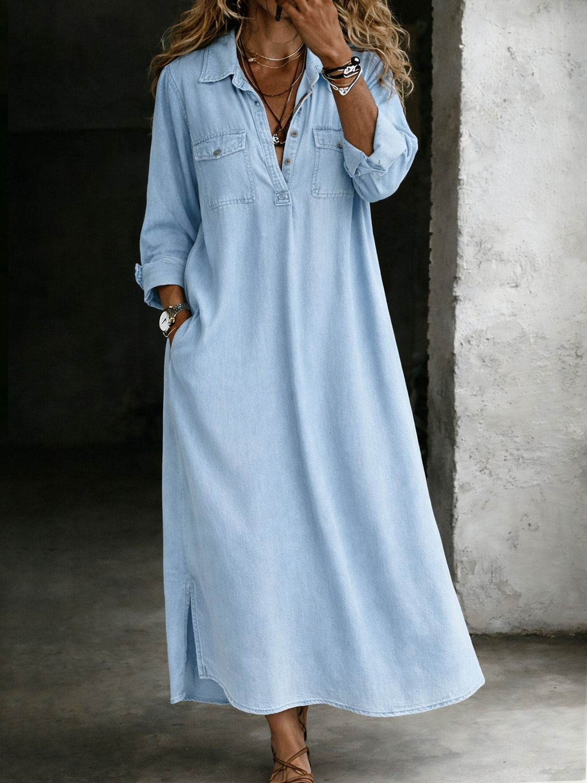 Casual Stylish Denim Loose Shirt Dress