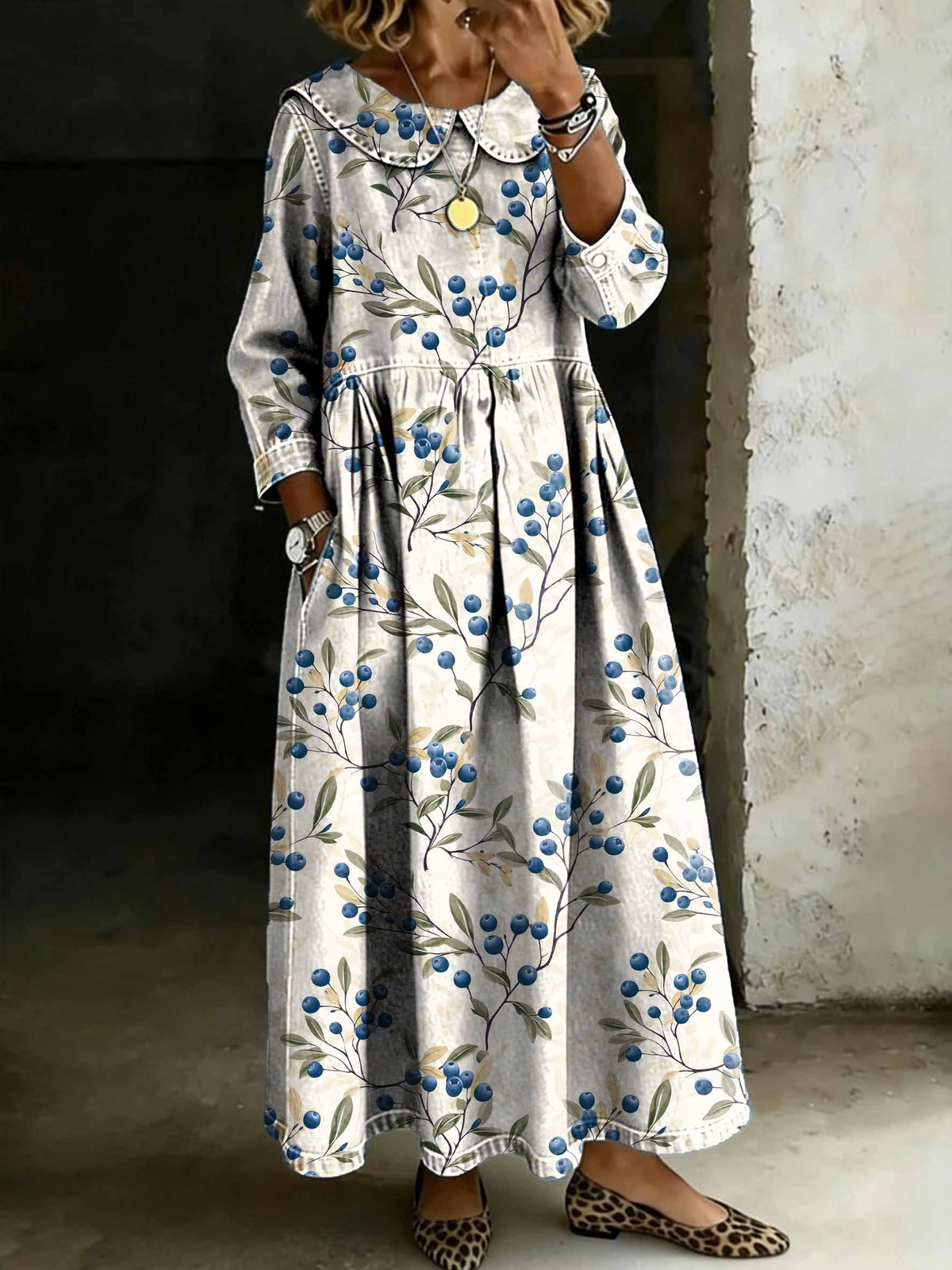 Vintage Blueberries Art Print Lapel Collar Pleated Long-Sleeve Casual Loose Denim Dress