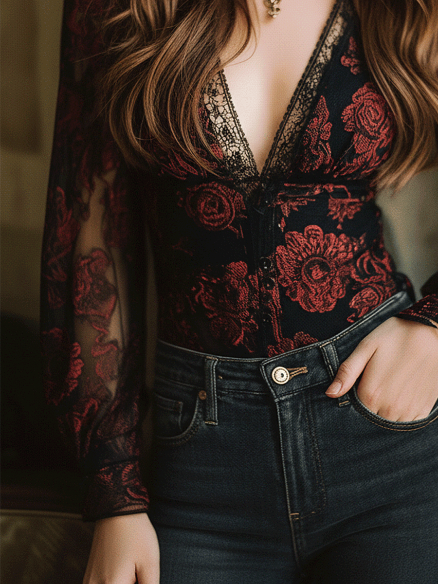 Vintage Rose Floral Lace Sheer Long-Sleeve Blouse