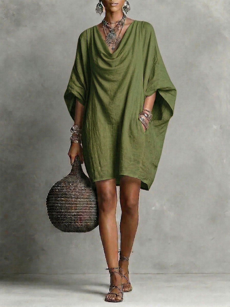 Solid-Color Cowl-Neck 3/4-Sleeve Casual Loose Cotton-Linen Dress