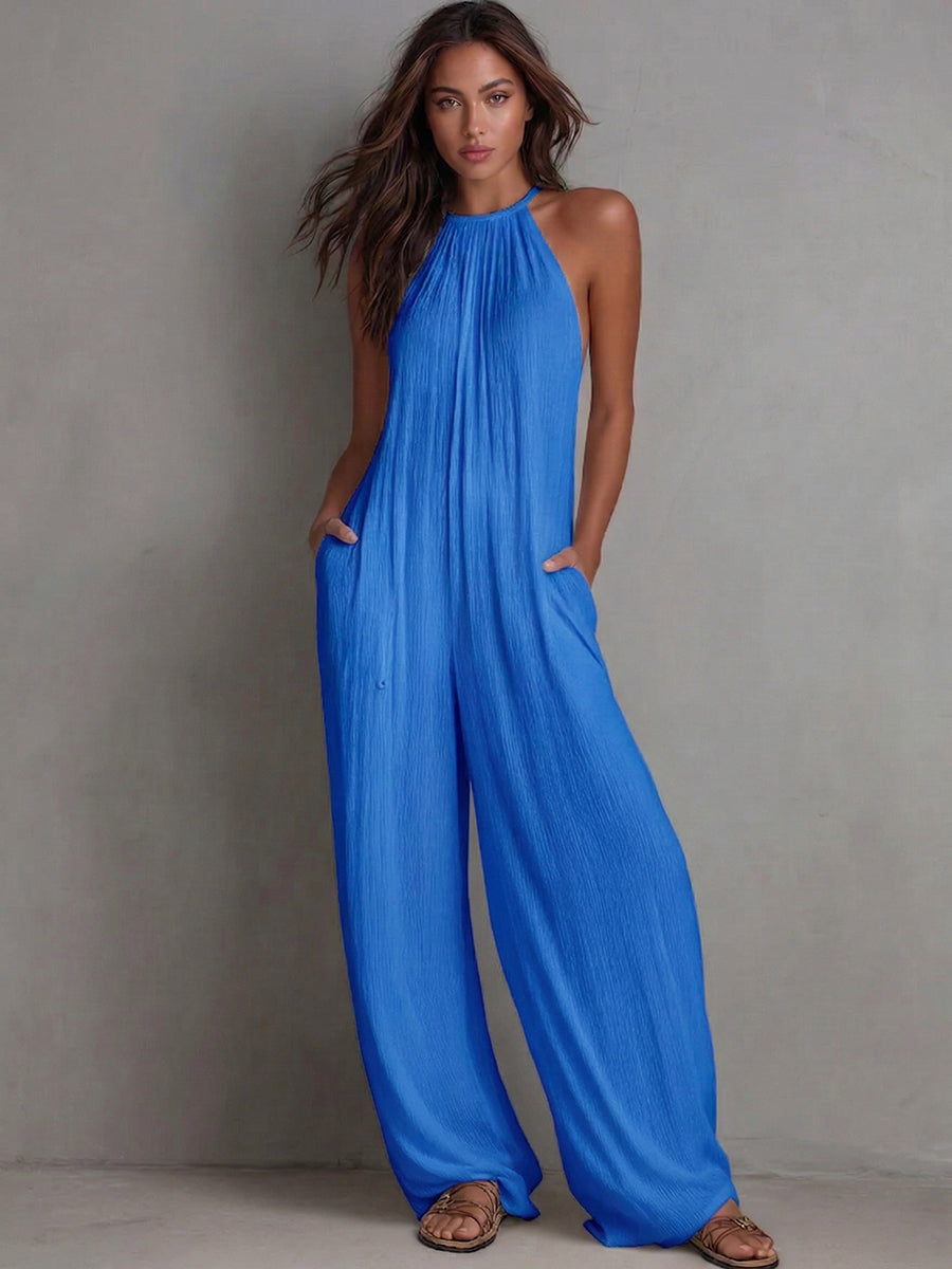Minimalist Halter-Neck Loose Cotton-Linen Jumpsuit