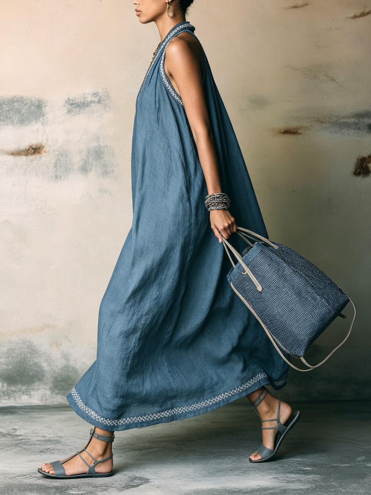 Blue Linen Halter Maxi Dress with Embroidered Detail