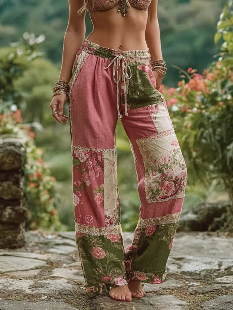 Retro Floral Patchwork Art Casual Pants