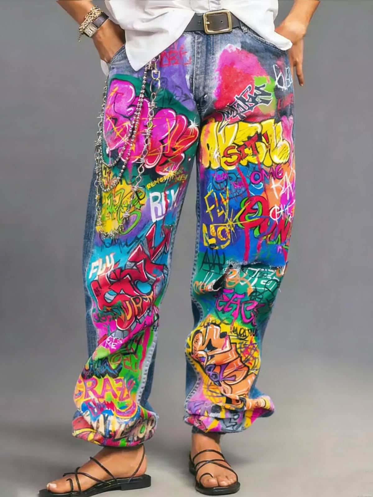 Stylish Multicolor Print Casual Denim Pants