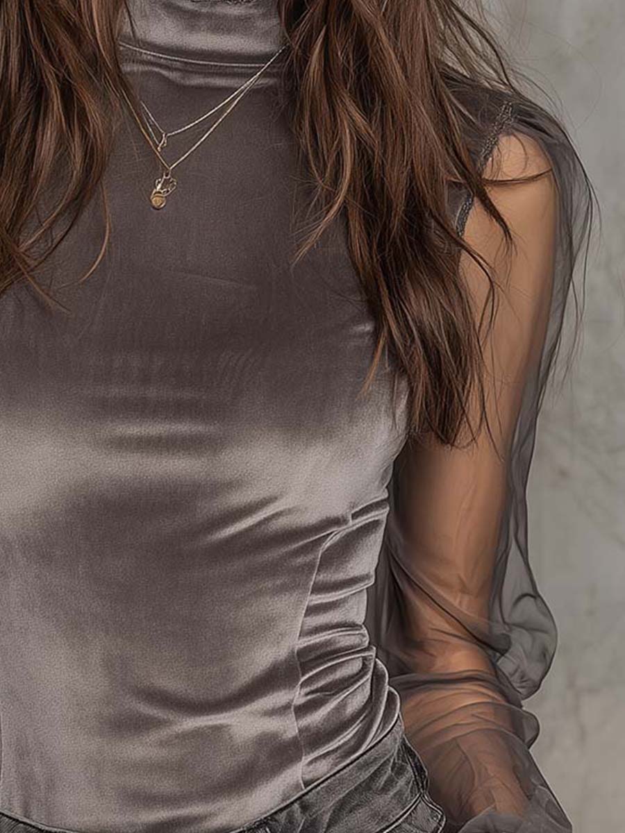 Velvet Mesh Panel High-Neck Top with Graphite Grey