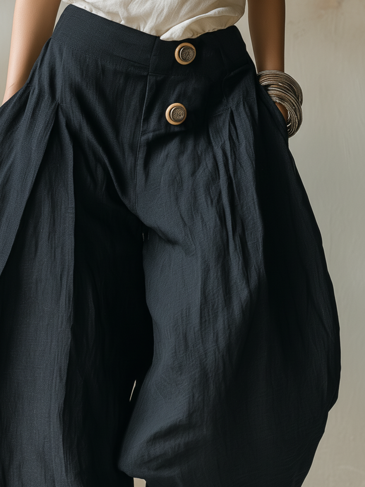 Black Linen Harem Pants with Button Detail