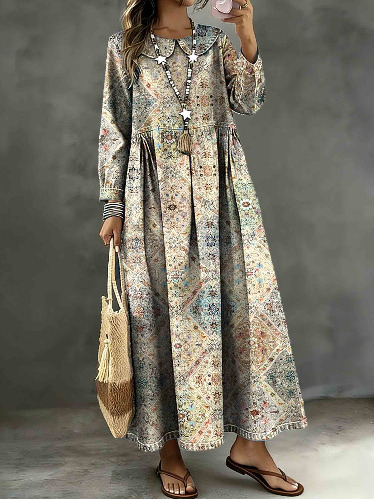 Vintage Ethnic Geometric Patterns Art Print Lapel Collar Pleated Long-Sleeve Casual Loose Denim Dress