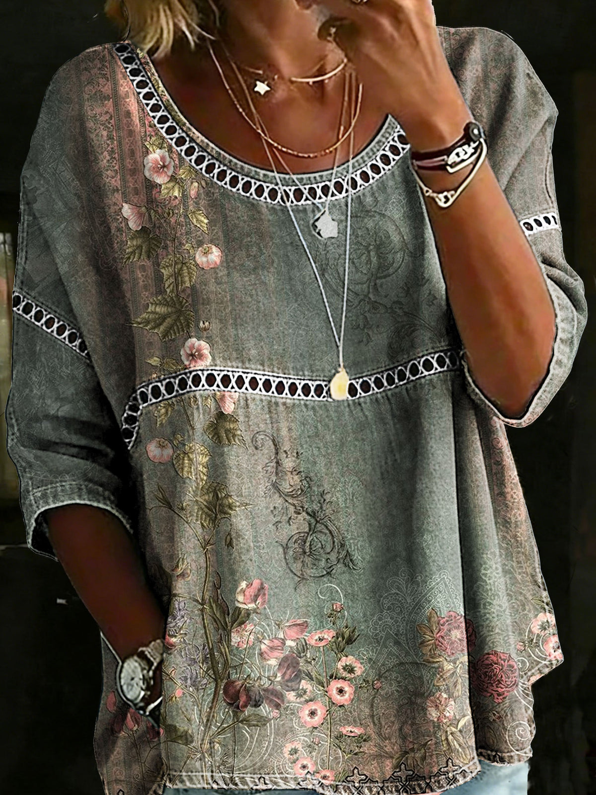 Vintage Floral Casual Loose Denim Blouse Shirt