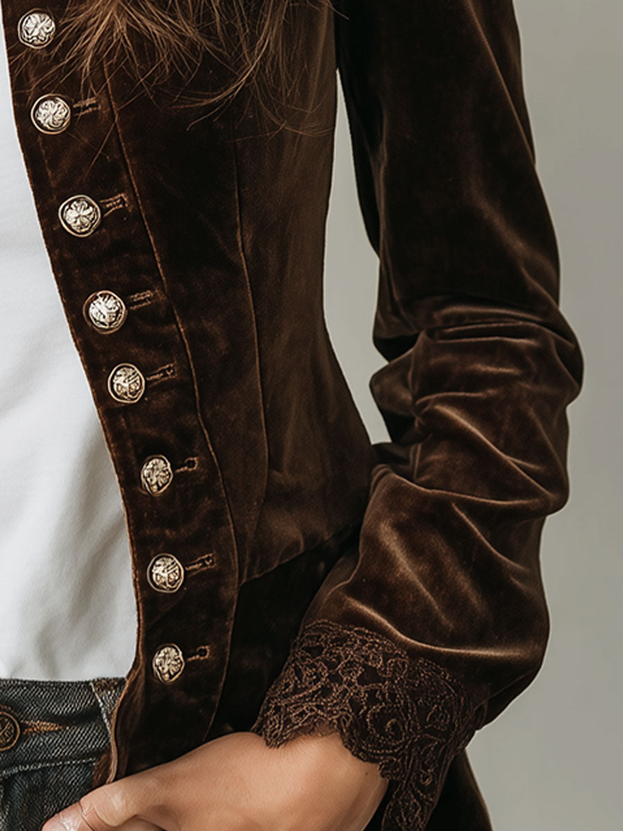 Vintage Turtleneck Lace Panel Double-Breasted Jacket