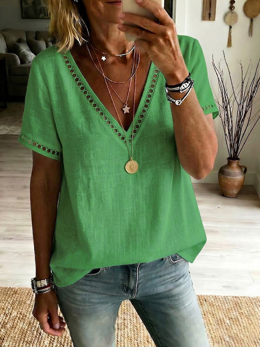 Casual Linen Top with Spliced Cutout Webbing Detail