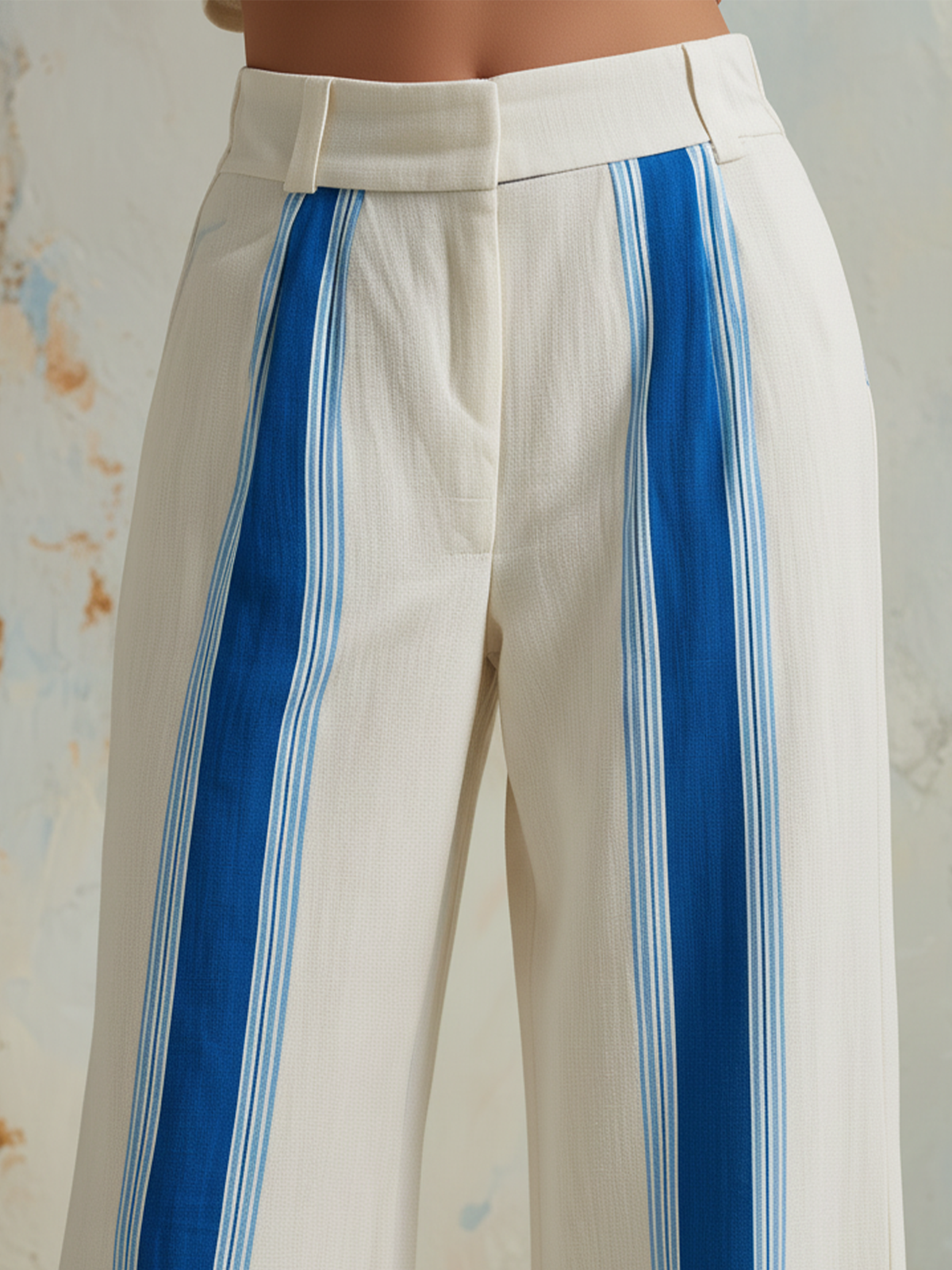 Cream Linen-Blend High-Waist Wide-Leg Pants with Blue Stripe Detail