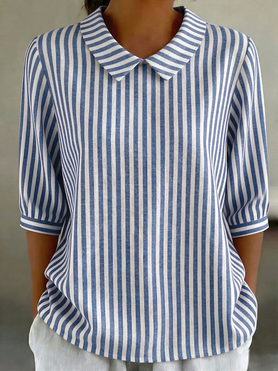 Retro Peter Pan Collar Striped Cotton-Linen Shirt