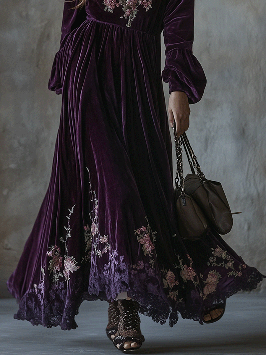 Vintage Floral Embroidered Velvet Maxi Dress