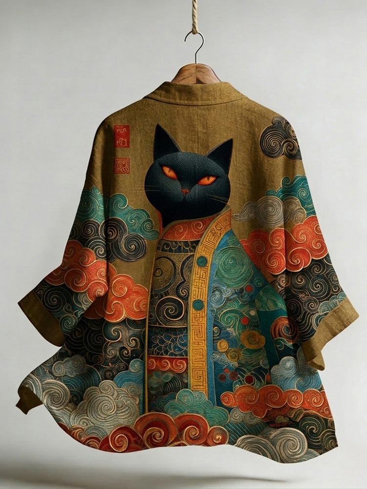 Men's Japanese Cat and Auspicious Cloud Print Linen Kimono Cardigan