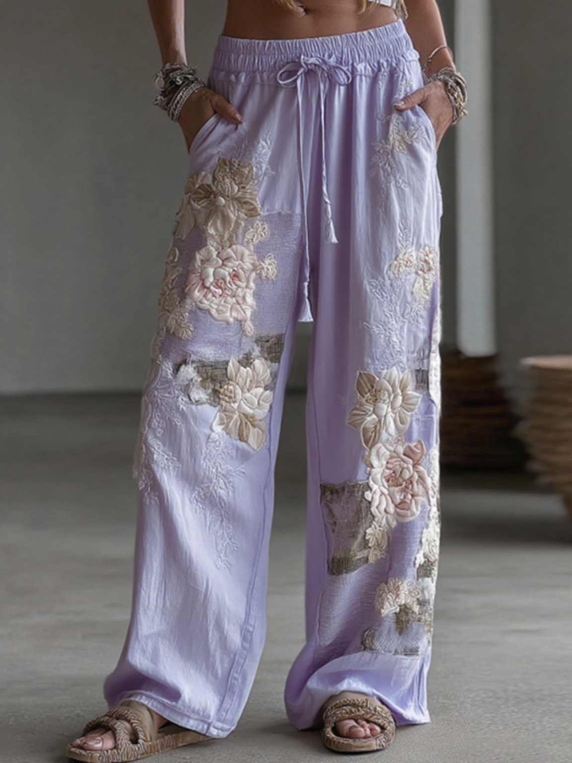 Retro Floral Patchwork Art Casual Linen Pants