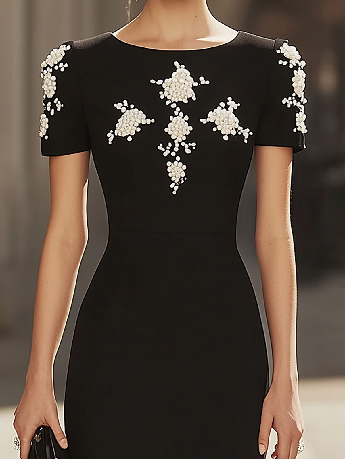 Black Dress with White Pearl Embroidery