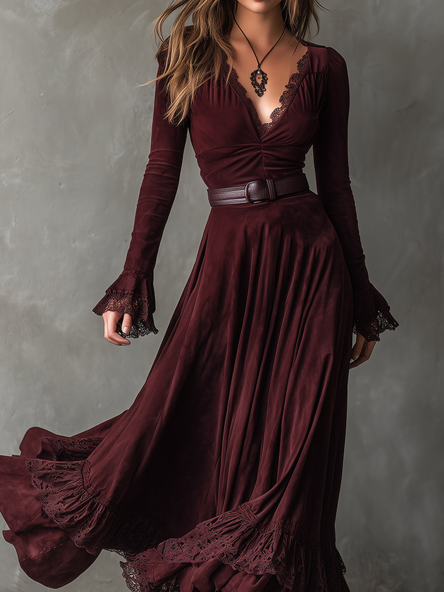 Quiet Luxury Suede Lace Ruffled Hem Maxi Dress