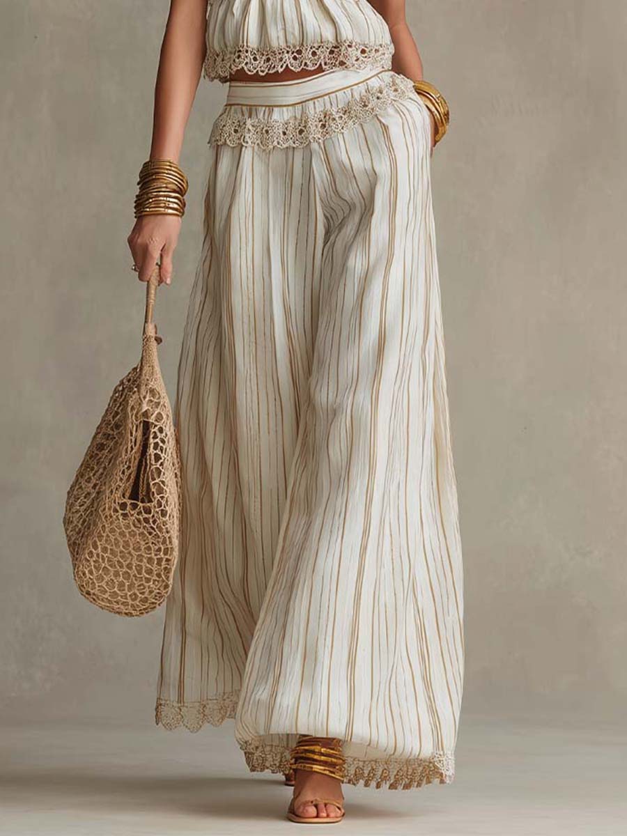 Bohemian Lace-Trimmed Halter Top and Wide-Leg Pants Set