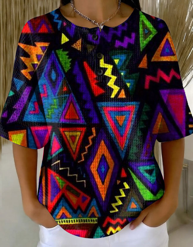 Retro Geometric Patchwork Abstraction Patterns Art Print Casual Waffle Cotton Shirt