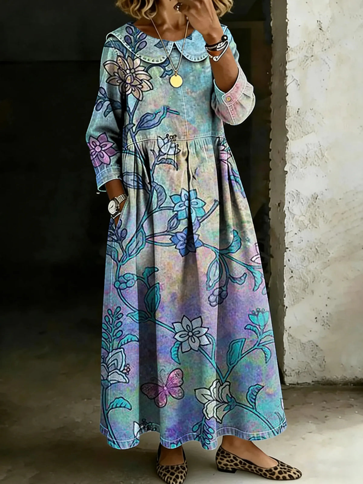 Retro Ethnic Floral Splicing Long-Sleeved Loose-Fitting Casual Denim Dress