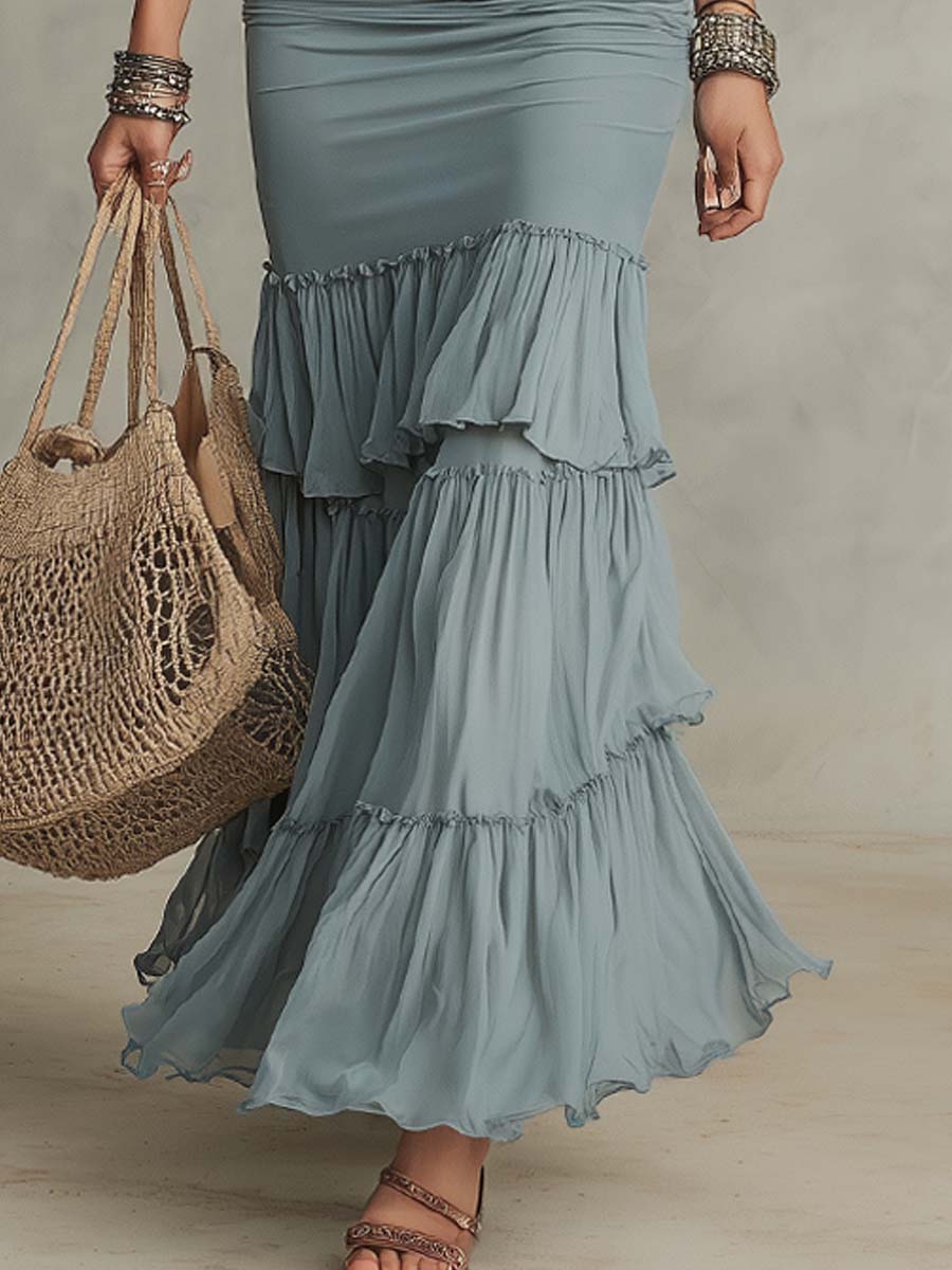 Vintage Ruffle Trim and Ruched Chiffon Midi Dress