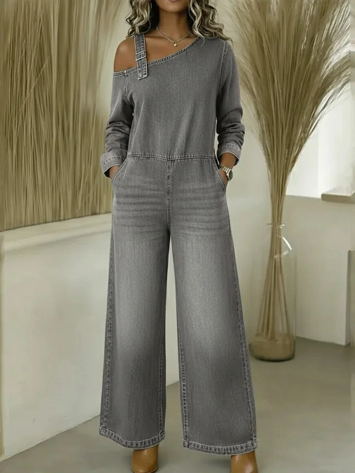 Fashionable Off-the-Shoulder Denim Jumpsuit