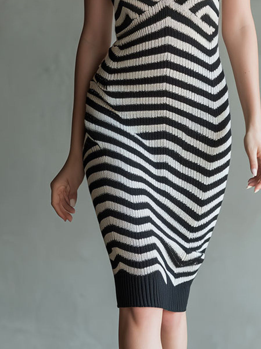 Retro Elegant Black and White Geometric Knit Midi Dress