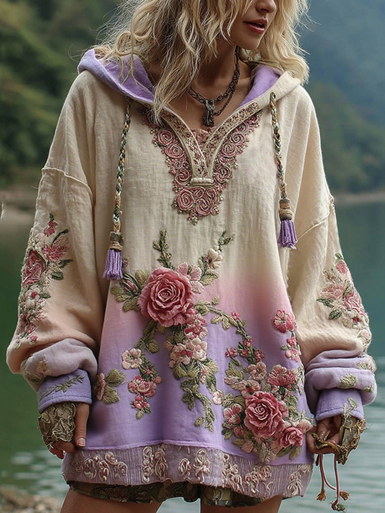Love and Health Collection Vintage Rose and Floral Art Linen Long-Sleeve Hoodie