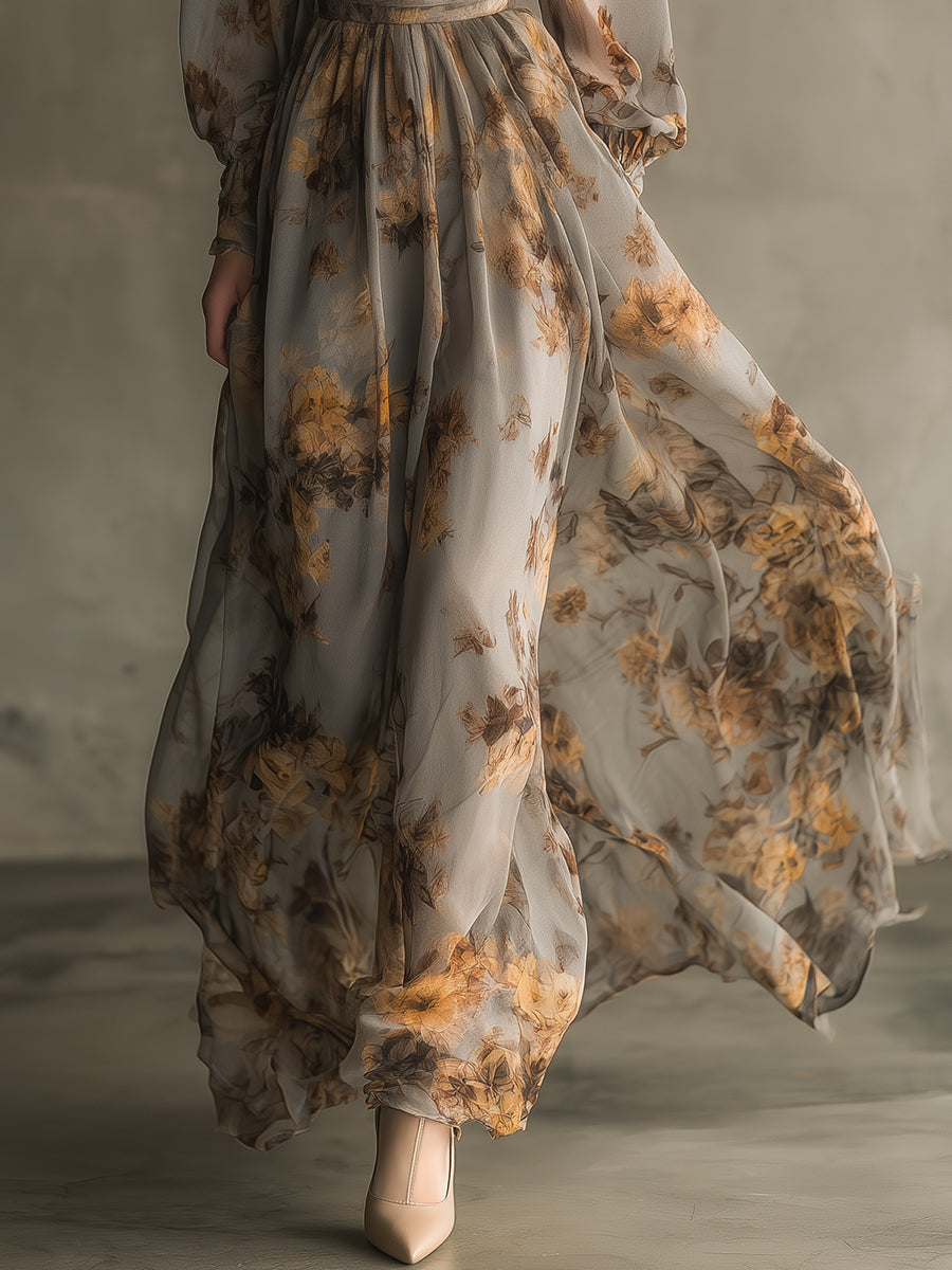 Bohemian Retro Floral Chiffon Ruffle Neckline Maxi Dress