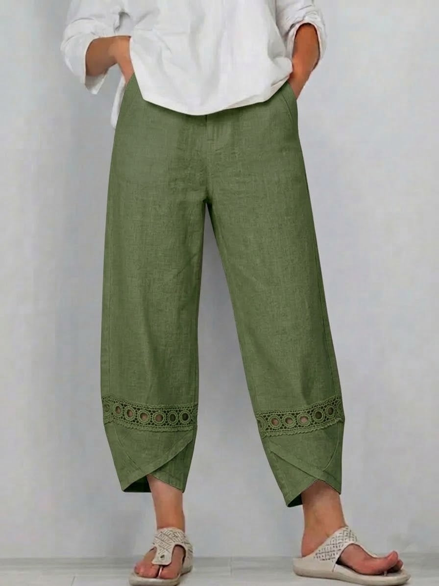 Casual Patchwork Linen and Cotton Trousers with Openwork Webbing