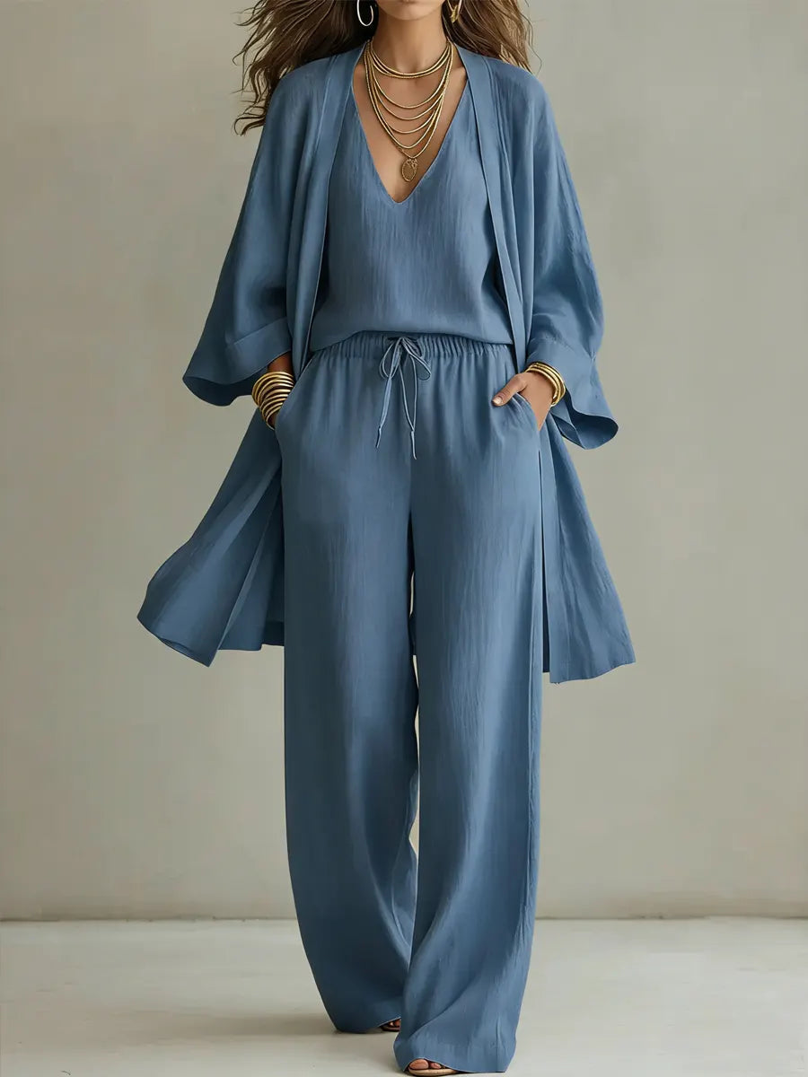 Minimalist Cotton and Linen Wide-Leg Pants Three-Piece Set