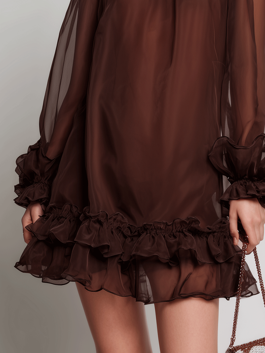 Elegant Chocolate Sheer Ruffle Mini Dress