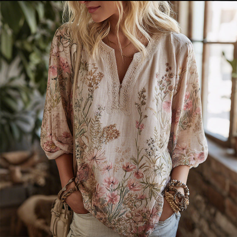 Retro Cotton and Linen Plant Flower Bohemian Style V-Neck Top