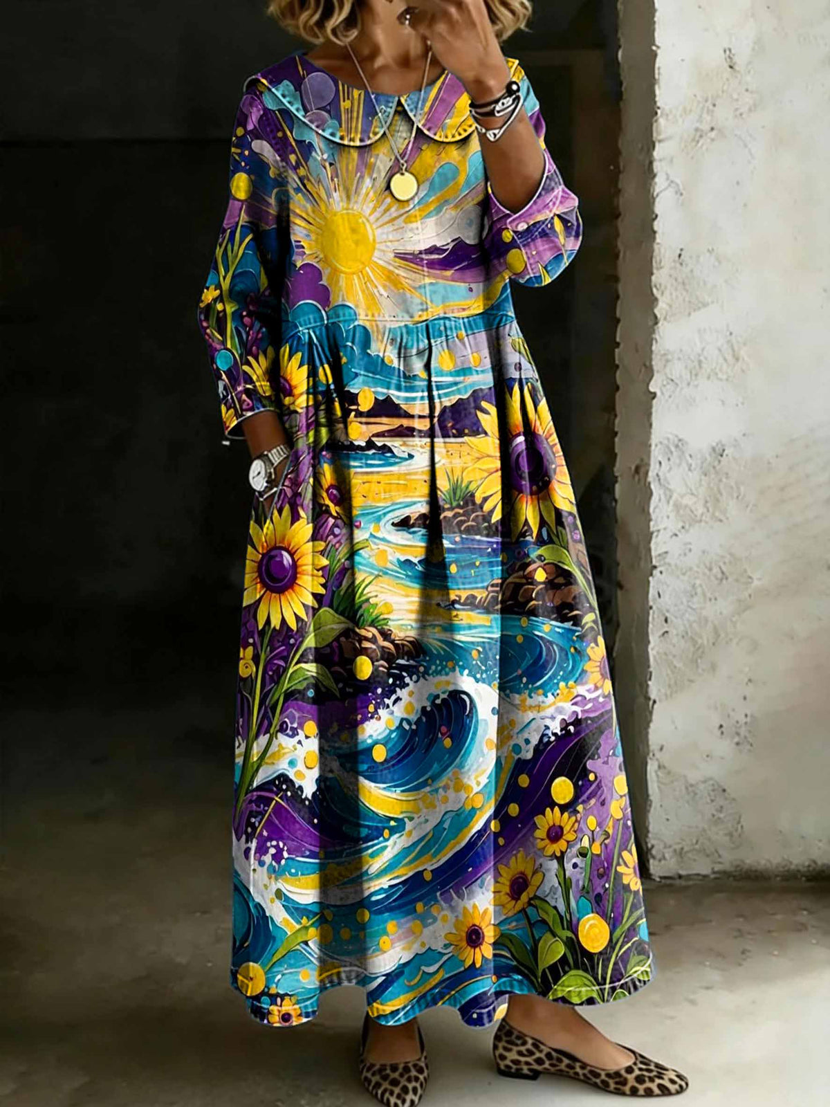Colorful Sunflower Art Print Lapel Collar Pleated Long-Sleeve Casual Loose Denim Dress